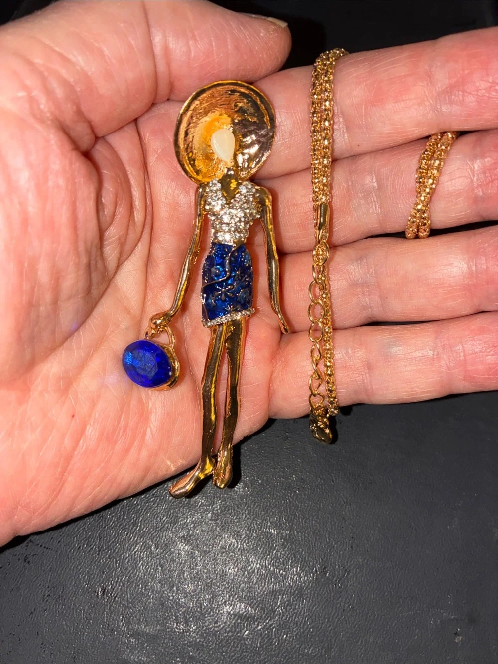 Doll Pendant Necklace with Blue Crystals